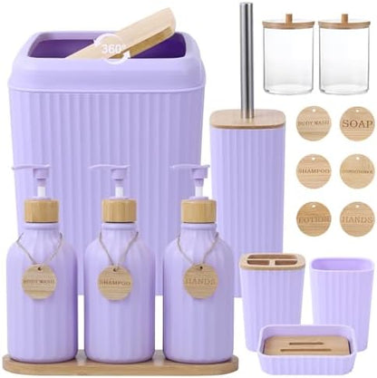 Light Purple Bathroom Accessories Set 17PCS Bathroom Set with Trash Can 3PCS Lotion Soap Dispenser, Toothbrush Holder, Soap Dish,Tumbler Cup,6PCS Wood Tags Bath Accessories with Tray for Bathroom