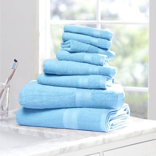 BOUTIQUO White Towel Set - 8 Piece Bathroom Towel Sets - 100% Ring Spun Cotton, 2 Bath Towel 27x54, 2 Hand Towel 16x28 and 4 Washcloth 13x13 - Ultra Soft Highly Absorbent Towel Set - Sky Blue