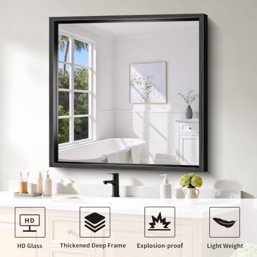 Bathroom Mirror, 36 x 36 inch Brushed Black Square Mirrors for Wall