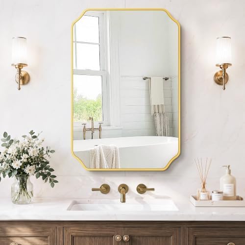 Gold Vanity Bathroom Mirror, 20" x 30" Scalloped Mirror for Wall