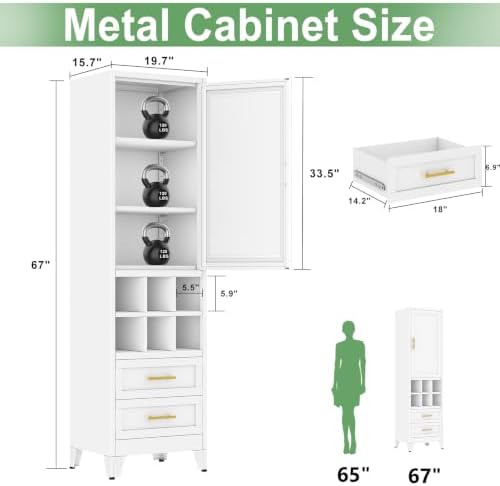Ckzbx Tall Narrow Storage Cabinet, 66.93" H Tall Bathroom Cabinet Metal Pantry Cabinets with Hollowed-Out, 3 Adjustable Shelves, for Kitchen, Bathroom, Home Office, Living Room (White)