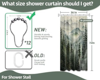 Sage Green Forest Stall Shower Curtain, 36X72 in Narrow Small, Mountain