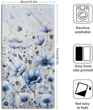 Watercolor Flowers Hand Towels, 14x28 Inch Blue Poppy Floral Butterflies Absorbent Soft Dish Cleaning Wash Cloth Tea Towels for Kitchen Bar Bathroom Spring Summer Home Decor