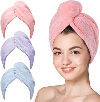 Hicober Microfiber Hair Towel Wrap for Women, Pink Blue Purple, 3-Pack