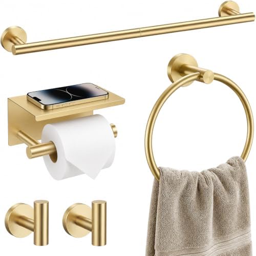 Brushed Gold Bathroom Accessories Set, 5 Pieces Gold Towel Bar Bathroom Hardware Set, 31.5 Inch Towel Racks for Bathroom, SUS304 Stainless Steel Bathroom Towel Holder Toilet Paper Holder Wall Mounted
