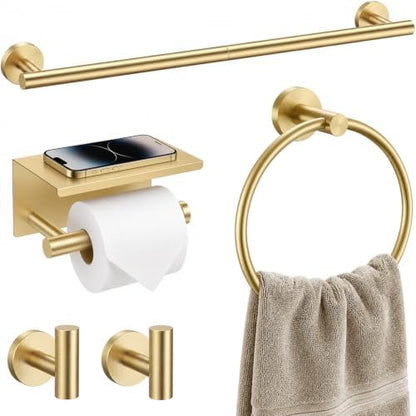 Brushed Gold Bathroom Accessories Set, 5 Pieces Gold Towel Bar Bathroom Hardware Set, 31.5 Inch Towel Racks for Bathroom, SUS304 Stainless Steel Bathroom Towel Holder Toilet Paper Holder Wall Mounted