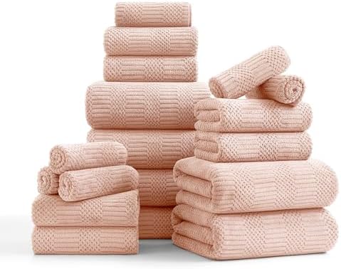 18 Pcs Pink Woven Family Towels Set-6 Bath Sheets,6 Hand Towels,6 Washcloths Soft Polyester Towels Absorbent Shower Towel Quick Dry Beach Chair Towel Lint Less Towels Set for Bathroom Spa Gym Hotel