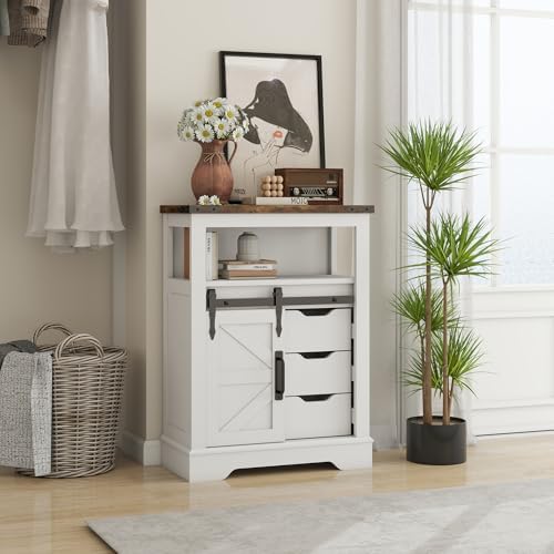 Panana Farmhouse Bathroom Floor Cabinet, Sliding Barn 3 Drawers & 1 Door Freestanding Small Storage Cabinet for Bathroom, Kitchen (White)