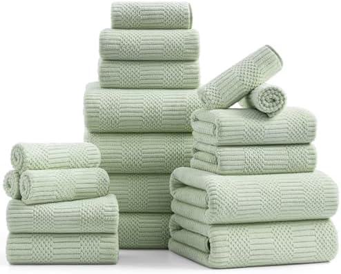 18 Pcs Green Woven Family Towels Set-6 Bath Sheets,6 Hand Towels,6 Washcloths Soft Polyester Towels Absorbent Shower Towel Quick Dry Beach Chair Towel Lint Less Towels Set for Bathroom Spa Gym Hotel