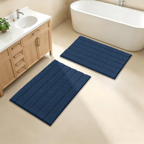 Bcoimo Bath Rug Mat Set, 2 Piece Thick Absorbent Chenille Bathroom Mat Navy