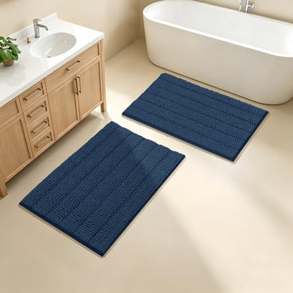 Bcoimo Bath Rug Mat Set, 2 Piece Thick Absorbent Chenille Bathroom Mat Navy