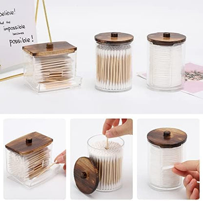 Tbestmax Bathroom Organizer Accessories Set-10 OZ Qtips Holder Storage with Wood Lids, Cotton Ball/Swabs Dispenser, Apothecary Container Jar 3 Pcs