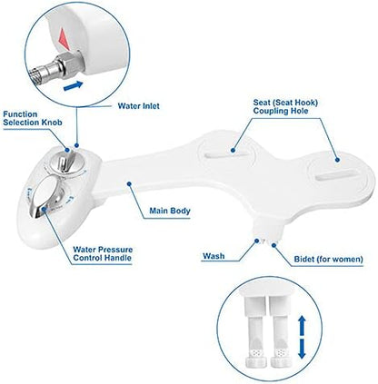 iMounTEK Fresh Cold Water Spray Bidet, Self-Cleaning Dual Nozzle Bidet, Water Pressure Control Handle & Mode Switch, Frontal Rear/Feminine Wash, Non-Electric Mechanical Toilet Seat Cover Attachment