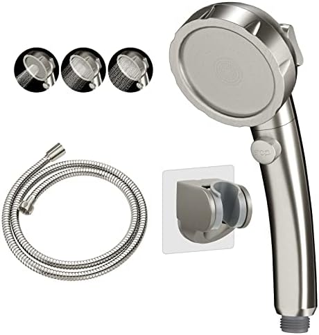 Drill-Free High Pressure Handheld Shower Head with ON/OFF Switch, 3 Spray Modes - Brushed Nickel | 3 Spray Modes with ON/OFF Switch, Detachable Dog Shower Attachment, Pet Shower Wand with Bracket & Hose, Brushed Nickel