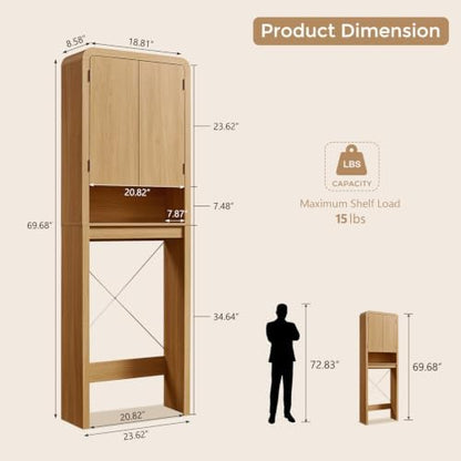 Over the Toilet Storage Cabinet, 69.69" Curved Bathroom Storage Organizer Cabinet with Doors and Adjustable Shelves, Wooden Free Standing Toilet Space Saver Rack, Natural