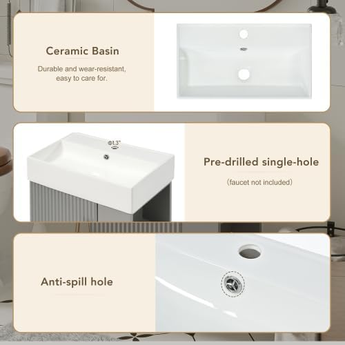 BNSPLY 22 Inch Floating Bathroom Vanity with Sink, Wall Mounted Bathroom Vanity Cabinet with Ceramic Sink, Modern Single Basin Vanities, Small Restroom Basin Cabinet with Right Side Storage, Gray