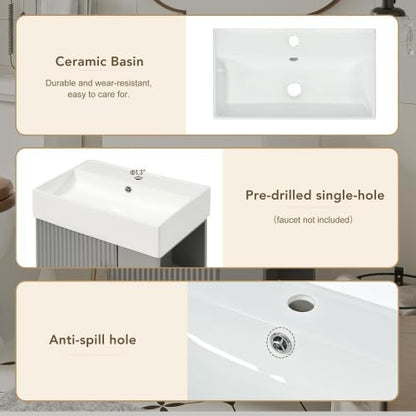 BNSPLY 22 Inch Floating Bathroom Vanity with Sink, Wall Mounted Bathroom Vanity Cabinet with Ceramic Sink, Modern Single Basin Vanities, Small Restroom Basin Cabinet with Right Side Storage, Gray