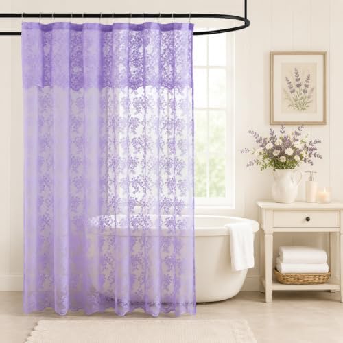 Purple Lace Shower Curtain, Scalloped Edge with Attached Valance 72x72