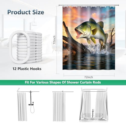 Large mouth Bass Sunset Lake Scene Shower Curtain with Hooks 72 x 72 Inches