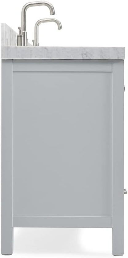 ARIEL Cambridge 60-inch Bathroom Vanity with Sink,Solid Wood, 2-inch Italian Carrara Marble Countertop, Double Rectangular Porcelain Sink, 4 Soft Closing Doors, 6 Dovetail Drawers, Grey