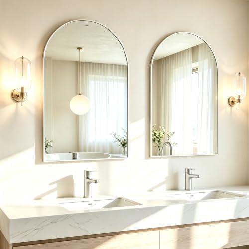 Wall Mounted Mirror, Arched Wall Mirror for Bathroom, 2 Pieces 24"x36" Arch Bathroom Mirror with Metal Frame, White Vanity Mirror Decor for Mantle, Bedroom, Entryway, Living Room
