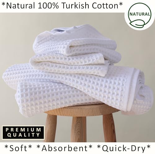 PÜSKÜL Natural 100% Turkish Cotton Waffle Towels Set of 4-Piece, White