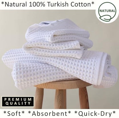 PÜSKÜL Natural 100% Turkish Cotton Waffle Towels Set of 4-Piece, White
