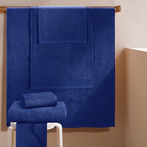 MyOwn Premium Cotton 6 Pack Towel Set for Bathroom, Contains 2 Bath Towels 28x55 inch, 2 Hand Towels 16x24 inch & 2 Wash Coths 12x12 inch, Ideal Everyday use, Compact & Lightweight - Navy Blue