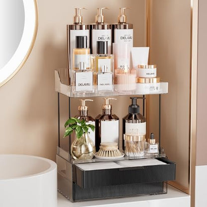 Delamu 4-Tier Makeup Organizer, Bathroom Counter Storage, 2 Drawers,Black