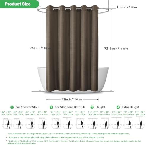 eachope No Hook Waffle Shower Curtain, No Liner Needed, 71x74 Inch, Brown