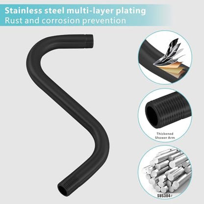 Shower Head Extension Arm with Flange, S Shaped High Rise Gooseneck Showerhead Riser Pipe, Universal Standard 1/2" Connection - Bathroom Accessory (10 Inch, Matte Black)
