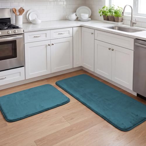H.VERSAILTEX Kitchen Mat Non Slip Memory Foam Flannel Velvety Runner Rug Water Absorbent Soft Kitchen Rugs Set for Floor Standing Rugs(47" x 17" + 24" x 17", Dark Teal)
