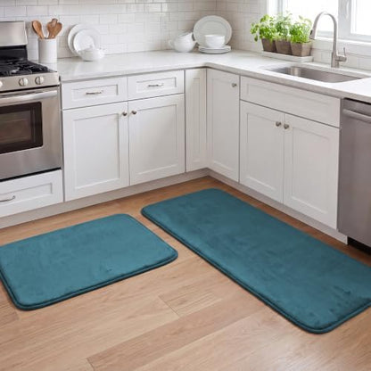 H.VERSAILTEX Kitchen Mat Non Slip Memory Foam Flannel Velvety Runner Rug Water Absorbent Soft Kitchen Rugs Set for Floor Standing Rugs(47" x 17" + 24" x 17", Dark Teal)