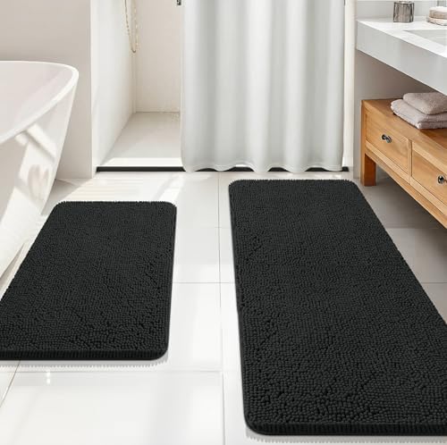 OLANLY Chenille Bathroom Rugs Mats Sets 2 Piece, 59"x20"+30"x20", Black
