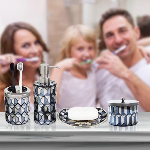 Escenzy Black Gold Bathroom Accessories Set 4 Pcs | Handcrafted Mosaic Glass Soap Dispenser, Toothbrush Holder, Cotton Jar, Soap Tray | Luxury Black Gold Bathroom Decor | Glam Home Gift