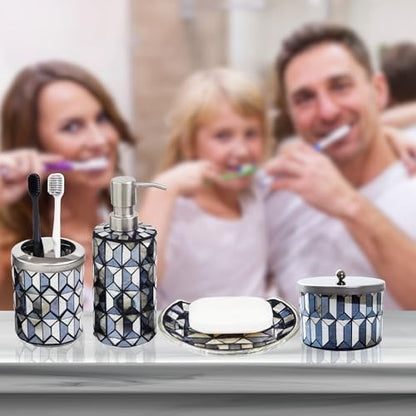 Escenzy Black Gold Bathroom Accessories Set 4 Pcs | Handcrafted Mosaic Glass Soap Dispenser, Toothbrush Holder, Cotton Jar, Soap Tray | Luxury Black Gold Bathroom Decor | Glam Home Gift