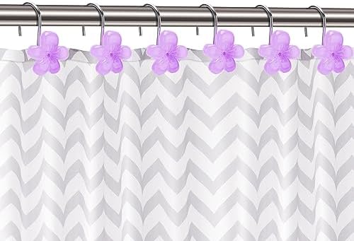 Cute Flower Shower Curtain Hooks, Glow in The Dark, Pretty Floral Themed Elegant Bathroom Decor, Purple