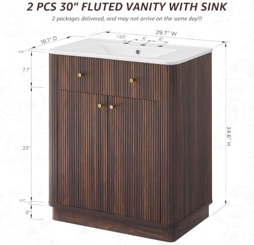T4TREAM 60" Fluted Bathroom Vanity with 2 Single Sinks, Dark Walnut