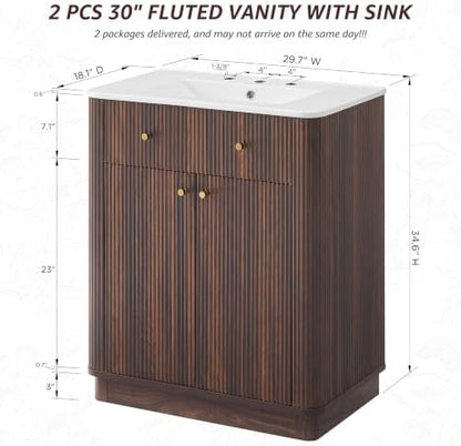 T4TREAM 60" Fluted Bathroom Vanity with 2 Single Sinks, Dark Walnut