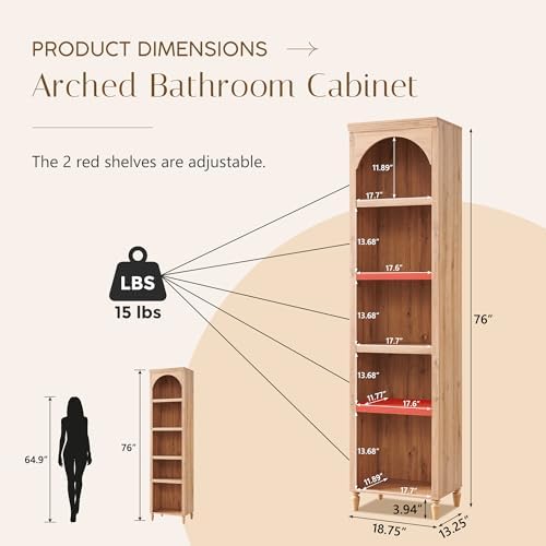 IFBUY 76" Arched Bathroom Storage Cabinet, Narrow Arched Cabinet, Natural
