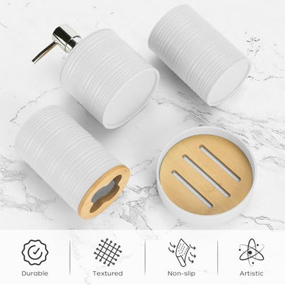 4PCS White Bathroom Set, Soap Dispenser, Dish & Bamboo Holder, Rustic