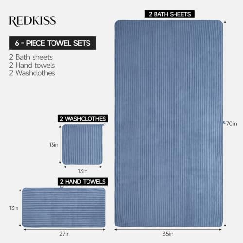 REDKISS Blue Bath Towels Set 6 Piece - Microfiber Bathroom Towels of 6 Large, Highly Absorbent Bath Towel, Soft Shower Towel for Bathroom, Hotel 2 Bath Sheet 2 Hand Towel 2 Washcloths
