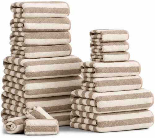 18 Pcs Light Brown Beige Cabana Stripe Bath Towel Set with Hanging Loop-6 Bath Towels,6 Hand Towels,6 Washcloths Family Towels Soft Microfiber Highly Absorbent Shower Towel for Bathroom Beach Spa Gym