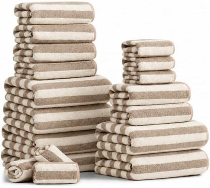 18 Pcs Light Brown Beige Cabana Stripe Bath Towel Set with Hanging Loop-6 Bath Towels,6 Hand Towels,6 Washcloths Family Towels Soft Microfiber Highly Absorbent Shower Towel for Bathroom Beach Spa Gym