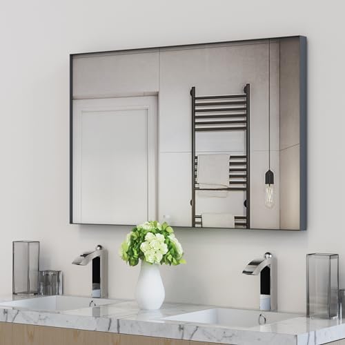 VocalStar Black Framed Mirror for Bathroom 40 x 30 Inch, Large Rectangular Wall Mirror Square Corner Metal Frame Bathroom Vanity Mirror Farmhouse, 1/4-inch Shatterproof Glass | Ultra-Flush Hanging