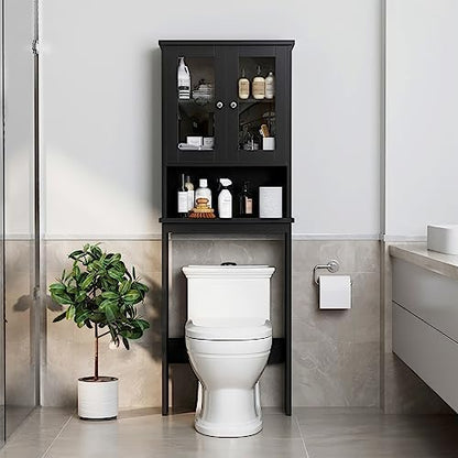 Over the Toilet Storage Cabinet for Bathroom, 75in Black Over Toilet Cabinet Freestanding Storage Organizer, Space Saver with Doors and Adjustable Shelf, Black