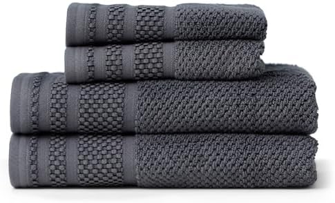 Texere 100% Organic Cotton Rice Weave Jacquard 700 GSM Luxury Bath Towel Sets - Ultra Soft and Absorbent Hotel and Spa Quality (Rice Weave, Charcoal, 2 Hand & 2 Face Towels)