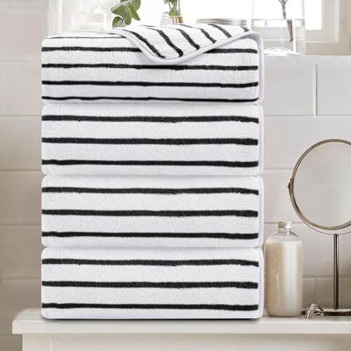 4 Pcs Black White Cabana Stripe Large Bath Towels Oversized Bath Sheet Super Soft Breathable Jumbo Bathroom Towels Highly Absorbent Shower Towel Quick Dry Beach Chair Towel Spa Gym Hotel Towel Set