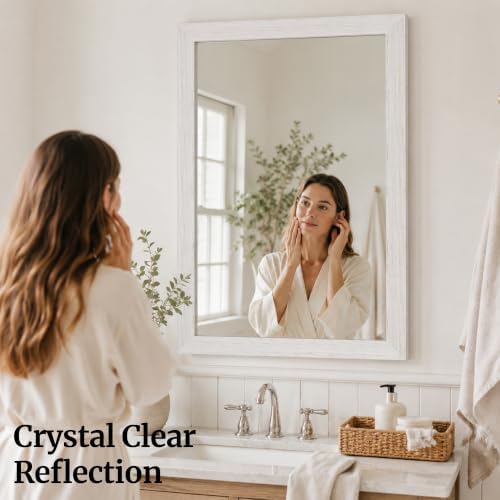 Distressed White 24x36 Inch Wood-Grain Rectangular Wall Mirror