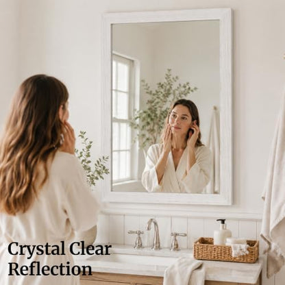 Distressed White 24x36 Inch Wood-Grain Rectangular Wall Mirror